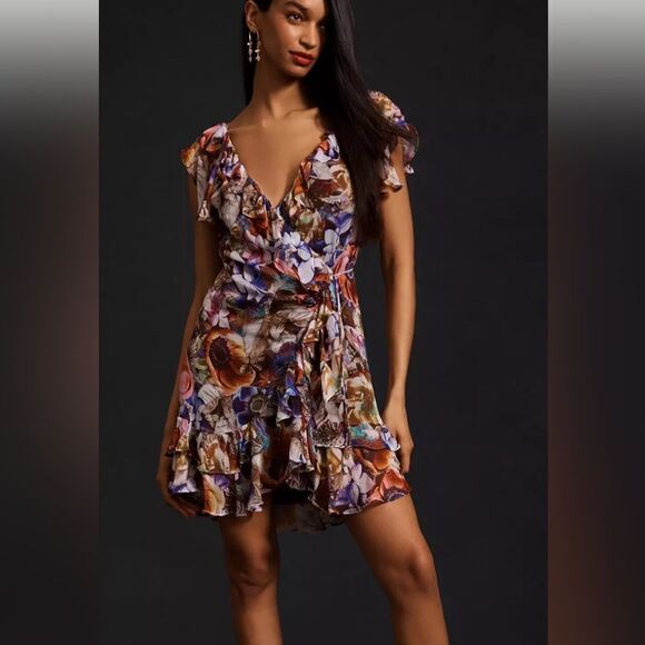 Anthropologie Ruffled Mini Wrap Dress Brown Floral Size L - Picture 1 of 9